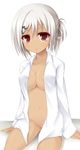  amairo_islenauts breasts cleavage dark_skin dress_shirt ero-god hair_ornament hair_up hairclip highres hinomiya_konoka large_breasts looking_at_viewer naked_shirt nude open_clothes open_mouth open_shirt red_eyes shirt silver_hair sitting 