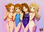  4girls :d absurdres against_wall ahoge akiyama_mio alternate_hairstyle armpits artist_name ass back back_cutout bangs black_eyes black_hair blonde_hair blue_eyes blue_swimsuit breasts brown_eyes brown_hair closed_mouth competition_swimsuit copyright_name cowboy_shot dated drew_gardner english eyebrows fingers_to_cheeks flat_ass from_behind from_side groin hair_over_shoulder hair_up hairband hand_on_another's_shoulder hand_on_own_chest hands_up head_tilt highleg highleg_swimsuit highres hirasawa_yui k-on! kotobuki_tsumugi legs_together light_smile lineup long_hair looking_at_viewer looking_back messy_hair multiple_girls one-piece_swimsuit one-piece_thong open_mouth orange_swimsuit parted_bangs parted_lips pink_swimsuit shadow shiny shiny_clothes short_hair short_twintails small_breasts smile standing surprised swimsuit tainaka_ritsu thick_eyebrows twintails v-shaped_eyebrows watermark web_address 