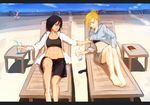  abs annie_leonhardt black_eyes black_hair blonde_hair blue_eyes drink midriff mikasa_ackerman multiple_girls navel open_clothes open_shirt sen_(alshy379) shingeki_no_kyojin shirt shirt_lift short_hair shorts sunbathing toned 