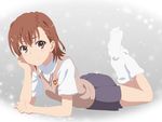  arm_support blush brown_eyes brown_hair chin_rest hair_ornament long_legs lying misaka_mikoto on_stomach school_uniform short_hair skirt smile smile_(rz) solo sweater_vest to_aru_kagaku_no_railgun to_aru_majutsu_no_index uniform 