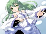  detached_sleeves dutch_angle gohei green_eyes green_hair hair_ornament kochiya_sanae long_hair natsu_no_koucha skirt smile snake_hair_ornament touhou 