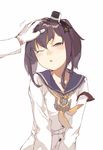  brown_eyes brown_hair duoyuanjun flat_chest gloves hand_on_another's_head hat kantai_collection mini_hat motion_lines neckerchief one_eye_closed open_mouth out_of_frame petting sailor_collar shirt solo_focus tokitsukaze_(kantai_collection) white_background white_gloves 