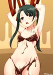  armpits arms_up artist_name blush breasts chocolate chocolate_covered chocolate_drip collarbone covered_nipples green_eyes green_hair groin hair_ribbon highres kantai_collection looking_at_viewer mikuma_(kantai_collection) navel nipples nude open_mouth pubic_hair pussy_juice_stain red_ribbon ribbon small_breasts solo sorano_(12gou) stomach thigh_gap twintails twitter_username valentine 