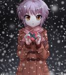  box brown_eyes chuunenpi coat grey_hair heart nagato_yuki scarf short_hair snow solo suzumiya_haruhi_no_yuuutsu 