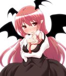  areola_slip areolae bat_wings blush breasts breath collared_shirt dress_shirt head_wings juliet_sleeves koakuma long_hair long_sleeves looking_at_viewer md5_mismatch medium_breasts natsu_no_koucha necktie nose_blush puffy_sleeves red_eyes red_hair red_neckwear shirt simple_background skirt skirt_set solo sweat touhou unbuttoned very_long_hair vest white_background white_shirt wings 