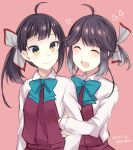 2girls :d ^_^ ahoge asymmetrical_bangs bangs blue_neckwear blush bow bowtie closed_eyes closed_mouth dated dress eyebrows_visible_through_hair eyes_closed fujinami_(kantai_collection) gradient_hair grey_hair grey_legwear hair_ribbon hayanami_(kantai_collection) heart holding_another&#039;s_arm kabocha_torute kantai_collection long_hair long_sleeves multicolored_hair multiple_girls open_mouth pink_background pleated_dress ponytail purple_dress purple_hair ribbon school_uniform shirt short_hair side_ponytail sidelocks simple_background sleeveless sleeveless_dress smile twitter_username upper_body white_ribbon white_shirt yellow_eyes 