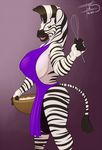  2015 anthro apron balls big_breasts breasts clothed clothing dickgirl equine erect_nipples freckles_(artist) huge_breasts intersex mammal nipples side_boob skimpy smile solo zebra 