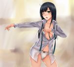  black_hair bow bow_panties contrapposto dress_shirt green_eyes highres messy_hair one_eye_closed outstretched_arm panties shirobako shirt solo standing sui_(sui222) underwear white_panties yasuhara_ema yawning 