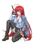  1girl blue_eyes blush boots breasts cleavage fingerless_gloves gloves high_school_dxd large_breasts long_hair looking_at_viewer miniskirt official_art red_hair rias_gremory short_skirt simple_background skirt smile solo sword thighhighs very_long_hair weapon white_background 