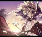  black_gloves blonde_hair bracer breasts cape earmuffs elbow_gloves gloves looking_at_viewer shirt short_hair single_glove sleeveless sleeveless_shirt small_breasts smile solo sword touhou touya_(the-moon) toyosatomimi_no_miko weapon yellow_eyes 