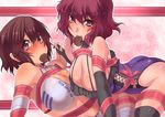  ass bandaid bare_shoulders black_gloves black_legwear blush breasts brown_eyes brown_hair chocolate chocolate_heart cleavage elbow_gloves gift_wrapping gloves heart holding_hands large_breasts leotard looking_at_viewer mouth_hold multiple_girls original purple_eyes purple_hair ribbon suikamaru thigh_strap thighhighs valentine wrestling wrestling_outfit 