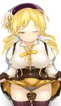  beret blonde_hair blush breasts chocolate drill_hair fingerless_gloves gloves hat heart large_breasts mahou_shoujo_madoka_magica one_eye_closed panties shivu_(mochi) skirt skirt_lift solo thighhighs thighs tomoe_mami twin_drills underwear valentine yellow_eyes 