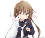  1girl admiral_(kantai_collection) black_serafuku brown_eyes brown_hair bust cheek_pinching crescent fumizuki_(kantai_collection) gloves hard_translated high_ponytail ica kantai_collection looking_at_viewer neckerchief one_eye_closed open_mouth pinching pov sailor_collar school_uniform serafuku simple_background talking_to_viewer translated twitter_username upper_body white_background white_gloves 