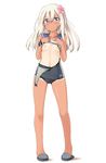  blonde_hair blue_eyes blush breasts flower hair_flower hair_ornament hands_on_own_chest highres kaminagi_(kaminagi-tei) kantai_collection long_hair looking_at_viewer navel nipples one-piece_tan ro-500_(kantai_collection) school_swimsuit school_uniform serafuku shirt_lift small_breasts solo standing swimsuit swimsuit_under_clothes tan tanline torn_clothes torn_swimsuit 