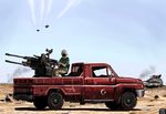  aircraft airplane antiaircraft_weapon arabic blue_sky brand_name_imitation car commentary_request crescent day ground_vehicle hai_to_hickory head_scarf highres libya military military_vehicle motor_vehicle original sky smoke star t-55 tank technical toyota_hilux war 
