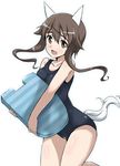  animal_ears brown_eyes brown_hair highres kickboard looking_at_viewer one-piece_swimsuit open_mouth school_swimsuit solo strike_witches swimsuit tail takei_junko tokiani world_witches_series 