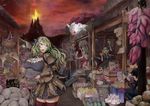  4girls ashes breasts character_request cleavage copyright_request fire food fruit green_hair hanging_food kurokawa_otogi large_breasts market molten_rock multiple_girls tail thighhighs volcano 