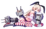 &gt;_&lt; :3 bad_id bad_pixiv_id blonde_hair boots closed_eyes crossed_arms elbow_gloves gloves grey_footwear hairband kantai_collection lifebuoy looking_at_viewer lying midriff navel pen_(steelleets) rensouhou-chan shimakaze_(kantai_collection) skirt striped striped_legwear transparent_background yellow_eyes 