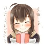  ^_^ ahoge alternate_costume blush box braid brown_hair closed_eyes gift gift_box kantai_collection mittens ribbon scarf sekino_takehiro shigure_(kantai_collection) single_braid sketch smile solo translated valentine winter_clothes 