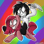  2014 black_hair blue_eyes creepypasta duo equine eyelashes friendship_is_magic hair hoodie horse human jeff_the_killer knife mammal my_little_pony pink_hair pinkamena_(mlp) pinkie_pie_(mlp) pony teeth xiamtheferret 