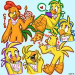  &lt;3 2015 anthro avian bib bird candle chica_(fnaf) chicken chico_the_rooster cupcake eyelashes eyes_closed fire five_nights_at_freddy&#039;s food happy nintendo_3ds one_eye_closed open_mouth orange_feathers pizza purple_eyes rooster sad teeth tongue wink xiamtheferret yellow_feathers 