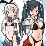  bikini black_bikini black_eyes black_hair blonde_hair breasts cleavage elbow_gloves gloves hair_ribbon highleg highleg_bikini highleg_swimsuit isuzu_(kantai_collection) kantai_collection large_breasts long_hair multiple_girls ribbon shimakaze_(kantai_collection) shirt_lift small_breasts swimsuit tatsumi_ray twintails 