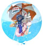  ;p apron ball beach_umbrella beachball blue_eyes blue_hair etsusa_oohashi food gime goggles goggles_on_head innertube kirino_yua omurice one_eye_closed parasol scarf shaved_ice short_hair summer tongue tongue_out tray umbrella 