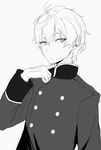  aldnoah.zero double-breasted greyscale male_focus miruto_netsuki monochrome simple_background slaine_troyard solo white_background 