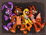  anthro avian bear bib bird blue_eyes bonnie_(fnaf) bow brown_fur canine chica_(fnaf) chicken english_text eye_patch eyewear five_nights_at_freddy&#039;s fox foxy_(fnaf) freddy_(fnaf) fur green_eyes hat lagomorph machine mammal mechanical open_mouth pirate purple_eyes purple_fur rabbit red_eyes red_fur robot teeth text tongue xiamtheferret yellow_feathers 