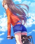  1girl blue_shorts blue_sky brown_hair cat_hair_ornament floating_hair from_behind green_eyes ground_vehicle hair_ornament himekawa_yuki idolmaster idolmaster_cinderella_girls jacket long_hair long_sleeves looking_at_viewer looking_back motor_vehicle motorcycle open_clothes open_jacket open_mouth orange_jacket outdoors riding short_shorts shorts sky solo standing very_long_hair z.nov 