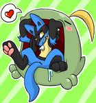  &lt;3 abstract_background ambiguous_gender black_fur blue_fur blush canine eyes_closed fur gulpin imminent_vore lucario mammal nintendo pok&eacute;mon saliva tan_fur video_games vore xiamtheferret yellow_eyes 