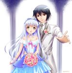  1girl adapted_costume aoki_hagane_no_arpeggio black_hair blue_hair bouquet boutonniere brown_eyes chihaya_gunzou dress flower formal green_eyes hairband iona long_hair poifuru_hana suit wedding 