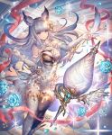  1girl animal_ears bangs bare_shoulders breasts brown_eyes cleavage droplet erune feathers flower gloves granblue_fantasy hair_ornament high_collar holding korwa large_breasts legs_together long_hair minaba_hideo official_art outstretched_arm quill rose shadowverse sidelocks silver_hair smile sparkle standing tagme thighhighs thighs water_drop 