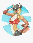  blonde_hair brown_eyes canine clothing cowboy_hat cowgirl coyote female hair hat mammal pinup pose shorts smile traditional_media_(artwork) wyla 