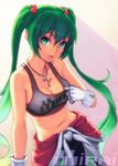  bandaid bandaid_on_nose bra breasts cleavage cowboy_shot gloves goodsmile_racing green_eyes green_hair hair_ornament hatsune_miku jewelry long_hair looking_at_viewer medium_breasts midriff navel necklace parted_lips solo sports_bra star star_hair_ornament sweat twintails underwear very_long_hair vocaloid yuksi 