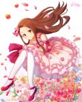  1girl arm_strap blush bow brown_hair cherry_blossoms collarbone dress floating_hair flower hair_bow hair_flower hair_ornament idolmaster idolmaster_(classic) layered_dress legs_crossed long_dress long_hair looking_at_viewer minase_iori muraiaria pantyhose pink_dress pink_flower pink_rose red_eyes red_flower red_rose rose sleeveless sleeveless_dress smile solo sparkle very_long_hair white_background white_legwear yellow_flower yellow_rose 