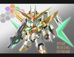  bright_pupils character_request clenched_hand full_body gradient gradient_background green_eyes gun gundam gundam_build_fighters gundam_build_fighters_try hamada_sukaru hexagon holding holding_gun holding_weapon letterboxed looking_at_viewer mecha no_humans sd_gundam standing star_winning_gundam weapon 