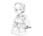  assault_rifle collared_shirt comic gloves greyscale gun headset highres kantai_collection load_bearing_vest looking_at_viewer monochrome neck_ribbon pleated_skirt ribbon rifle school_uniform sekino_takehiro shiranui_(kantai_collection) shirt short_ponytail sketch skirt solo traditional_media weapon 