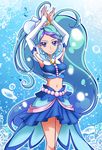  arm_warmers armpits arms_up blue blue_background blue_eyes blue_hair blue_skirt brooch crop_top cure_mermaid earrings go!_princess_precure hair_ribbon hanzou jewelry kaidou_minami long_hair magical_girl midriff multicolored_hair navel precure purple_hair ribbon seashell_earrings skirt smile solo sparkle streaked_hair two-tone_hair 