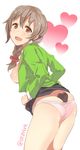  :d ass between_buttocks braid breasts brown_eyes brown_hair butt_crack chocolate chocolate_heart heart idolmaster idolmaster_cinderella_girls large_breasts nipples open_clothes open_mouth panties rkrk scrunchie senkawa_chihiro skirt skirt_lift smile solo twitter_username underwear valentine 