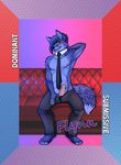  anthro blue_fur canine catwolf clothing erection fingers fox fur fur_pile hair male mammal necktie pants penis smile solo toes 