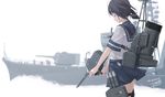  black_hair cannon closed_eyes fubuki_(destroyer) fubuki_(kantai_collection) kantai_collection machinery military military_vehicle ponytail rokuwata_tomoe school_uniform serafuku ship short_hair skirt solo warship watercraft 