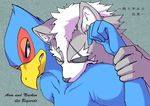  avian bird bite canine clothed clothing falco_lombardi gay german_text half-dressed japanese_text male mammal nintendo star_fox text topless video_games wolf wolf_o&#039;donnell 緋華双子 