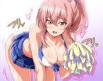  1girl absurdres ass bare_shoulders bent_over blue_ribbon blue_skirt blush breasts cheerleader cleavage collarbone eyebrows_visible_through_hair eyes_visible_through_hair front-tie_top heart highres holding_pom_poms idolmaster idolmaster_cinderella_girls idolmaster_cinderella_girls_starlight_stage jougasaki_mika large_breasts leaning_forward microskirt motion_lines open_mouth panties pink_background pom_poms ponytail ribbon sidelocks skirt thighs two-tone_background underwear washizuka_shou white_background white_panties yellow_eyes 