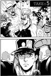  comic greyscale iggy_(jojo) jean_pierre_polnareff jojo_no_kimyou_na_bouken joseph_joestar kakyouin_noriaki kuujou_joutarou mohammed_avdol monochrome multiple_boys museumguard sneezing 