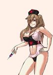  1girl bare_shoulders breasts brown_hair cleavage erect_nipples fang female hat j.k. large_breasts lip_bite long_hair looking_at_viewer midriff navel nurse parted_lips red_eyes smile solo standing twintails 