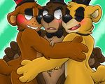  anthro bear black_eyes black_sclera blush bow brown_fur five_nights_at_freddy&#039;s five_nights_at_freddy&#039;s_2 freddy_(fnaf) fur golden_freddy_(fnaf) hat machine mammal mechanical open_mouth robot teeth tongue toy_freddy_(fnaf) xiamtheferret yellow_fur 