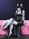  anthro bed black_hair bracelet breasts canine claws cleavage clothed clothing dress female funiture fur ghostwolf hair high_heels jewelry long_hair looking_at_viewer mammal necklace smile solo wolf 