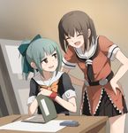  bad_id bad_pixiv_id bangs blush book bow bowtie brown_eyes brown_hair closed_eyes desk eyebrows_visible_through_hair grey_hair hair_bow hands_on_hips indoors kantai_collection kisetsu multiple_girls open_mouth ponytail school_uniform sendai_(kantai_collection) serafuku short_hair short_sleeves sitting skirt smile two_side_up yuubari_(kantai_collection) 