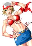  abs absurdres alice_garnet_nakata arikawa armpits bare_shoulders belt bikini_top blonde_hair breasts cap erect_nipples female genderswap green_eyes hand_on_hip hat highres king_of_fighters large_breasts legs looking_at_viewer navel open_mouth short_hair simple_background skirt smile solo standing terry_bogard the_king_of_fighters_xiv thighs toned very_short_hair white_background wink 